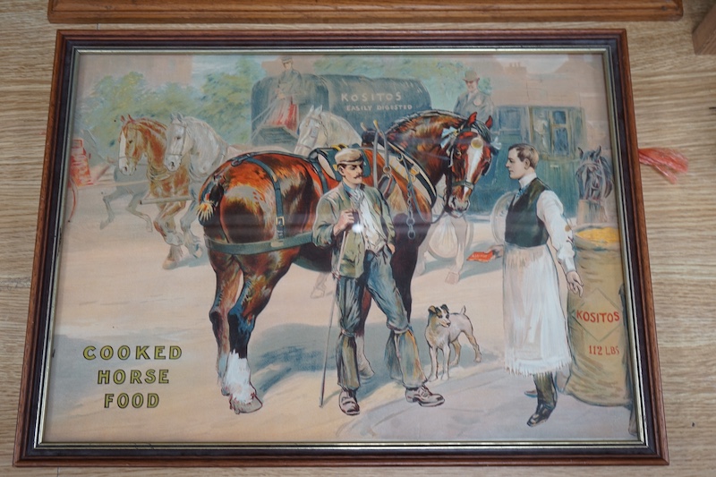 Two ‘Kositos’ chromolithograph adverts for cooked horse, cattle, sheep and pig food, largest 49cm wide, 36cm high. Condition - good